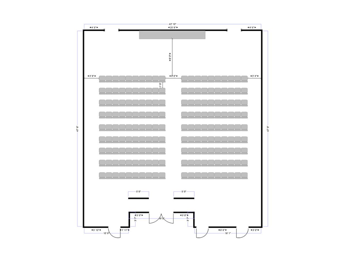 A blueprint-style seating layout, two central aisles with rows of small gray blocks as seats, and doors at the bottom corners, all within a rectangular room.