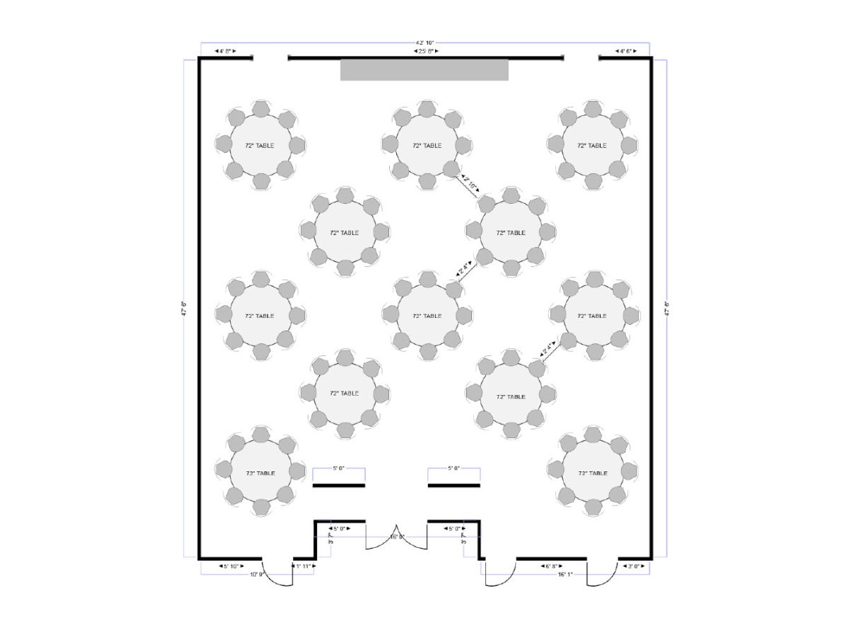 A floor plan showing a rectangular room with multiple circular seating clusters (round tables with chairs), plus entry doors and a few inner corridors.
